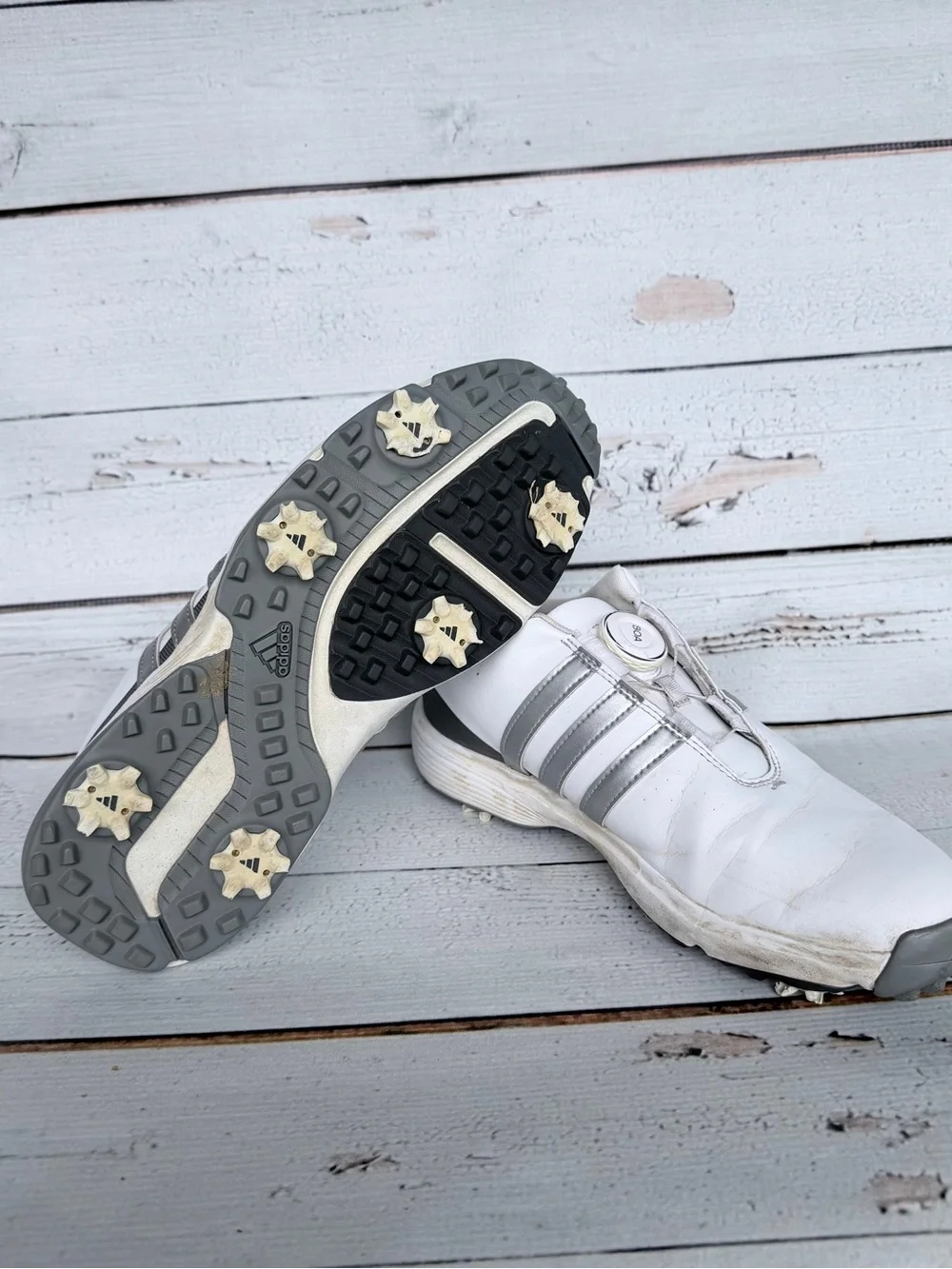 adidas Youth Tour360 24 BOA Spiked Golf Shoes White Silver - Size 7